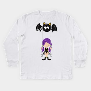 Halloween, Witch On A Swing, Bat, Trick Or Treat Kids Long Sleeve T-Shirt